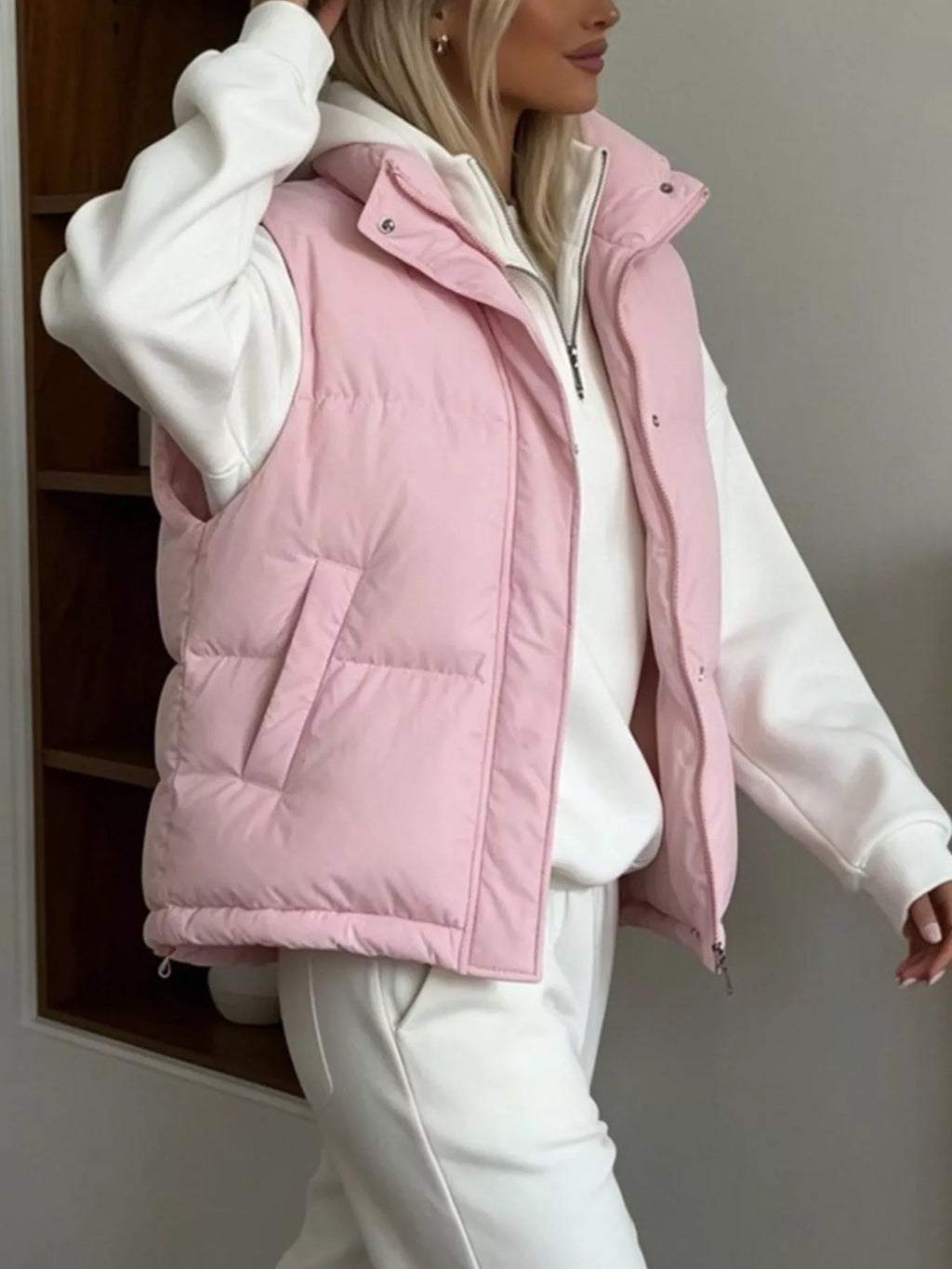 Snap-Button Placket Quilted Puffer Vest Coat
