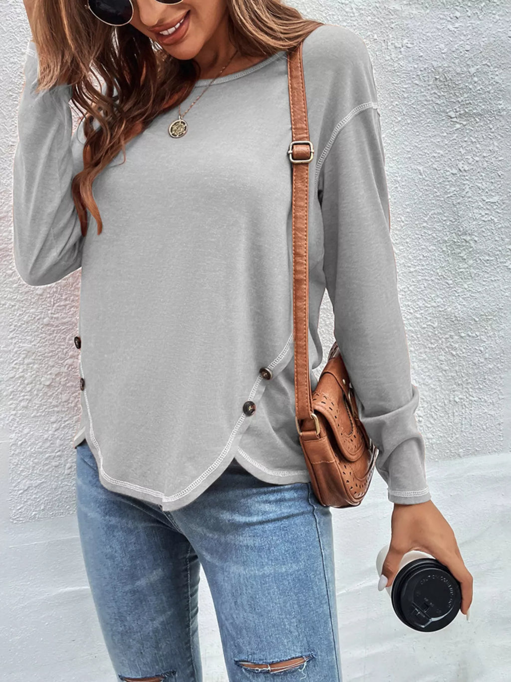 Casual Long Sleeve Exposed Seam T-Shirt with Decor Button
