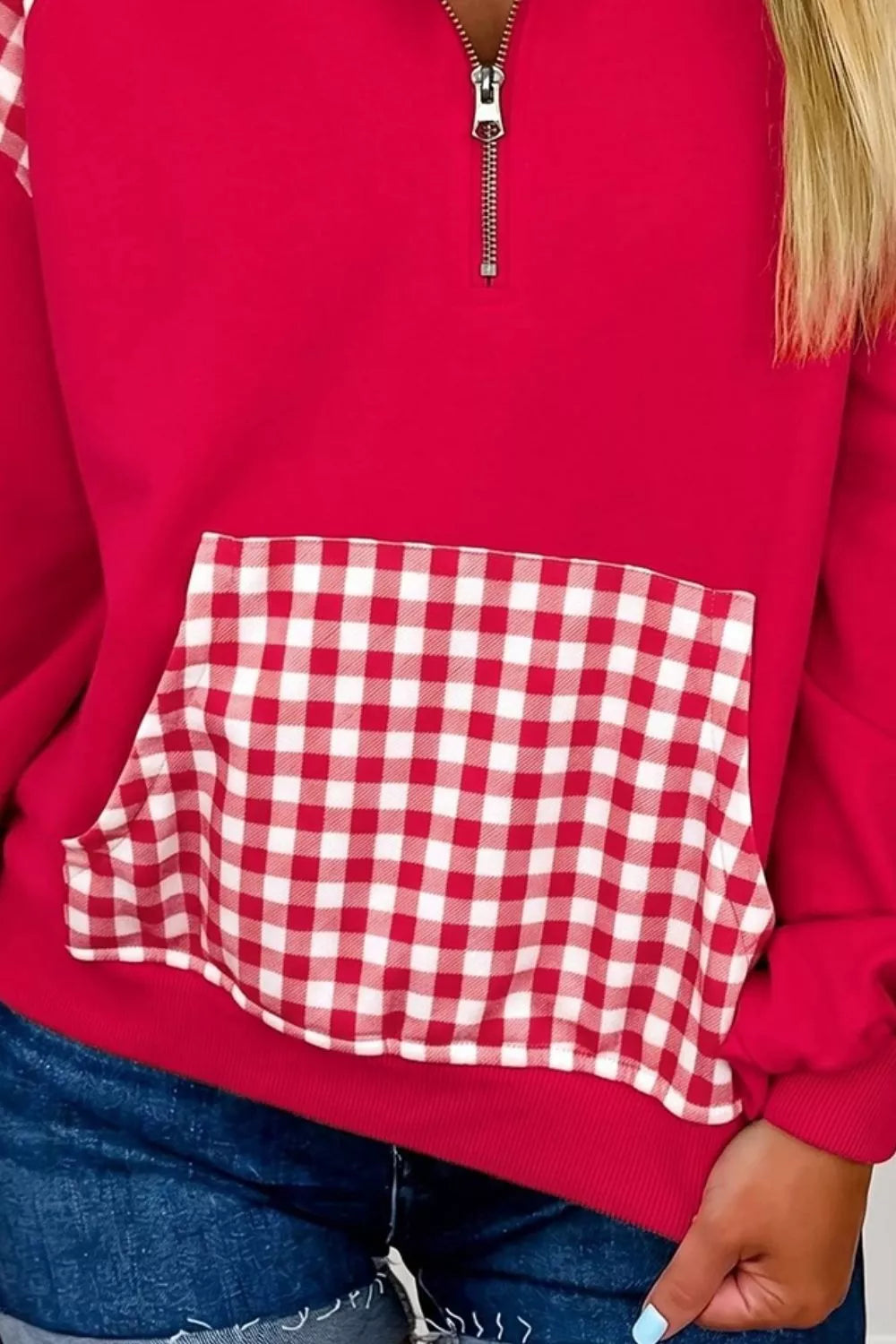 Plaid Kangaroo Pocket Quarter-Zip Sweatshirt