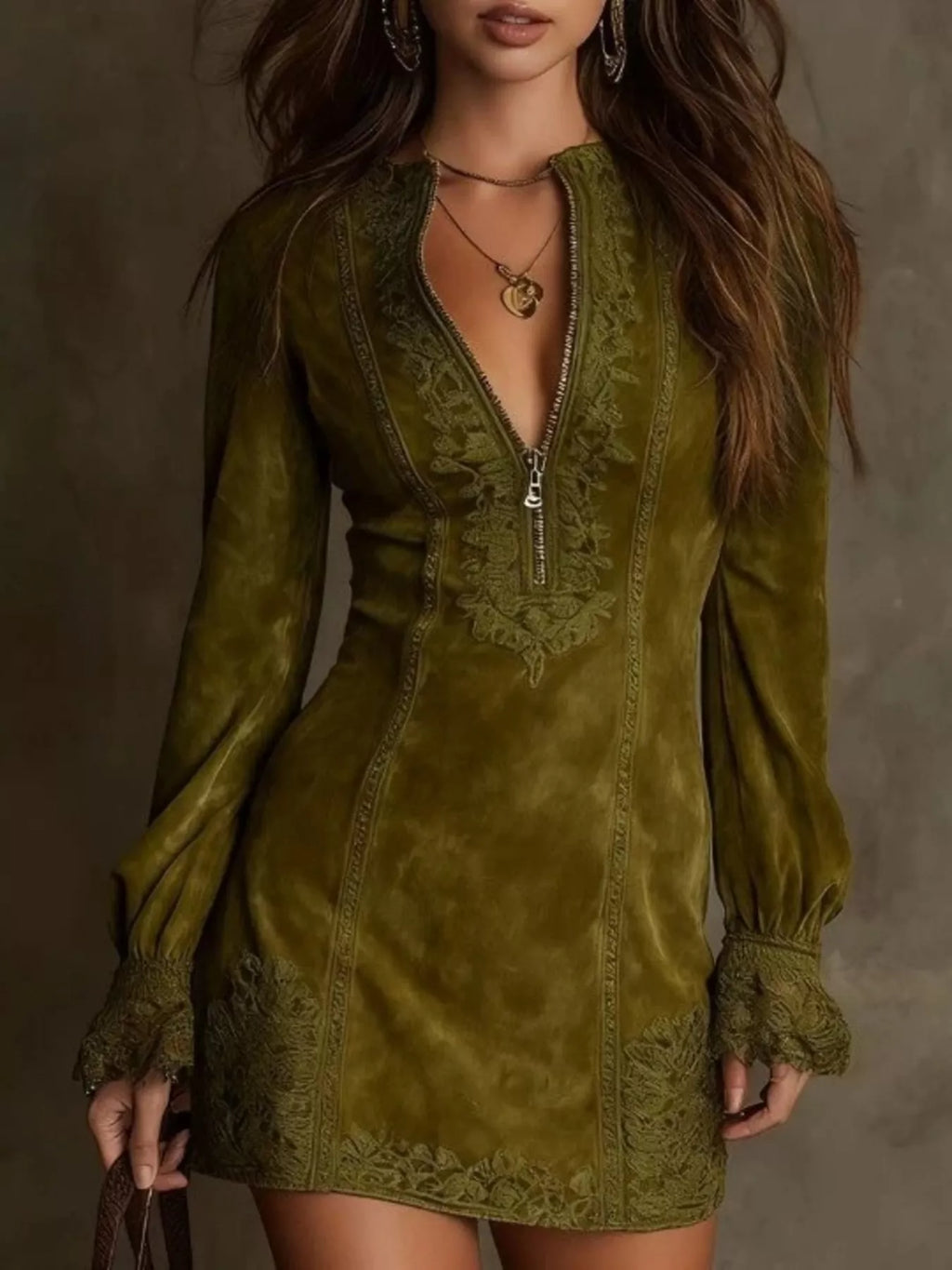Full Size Zip-Front Long Sleeve Mini Dress Plus Size