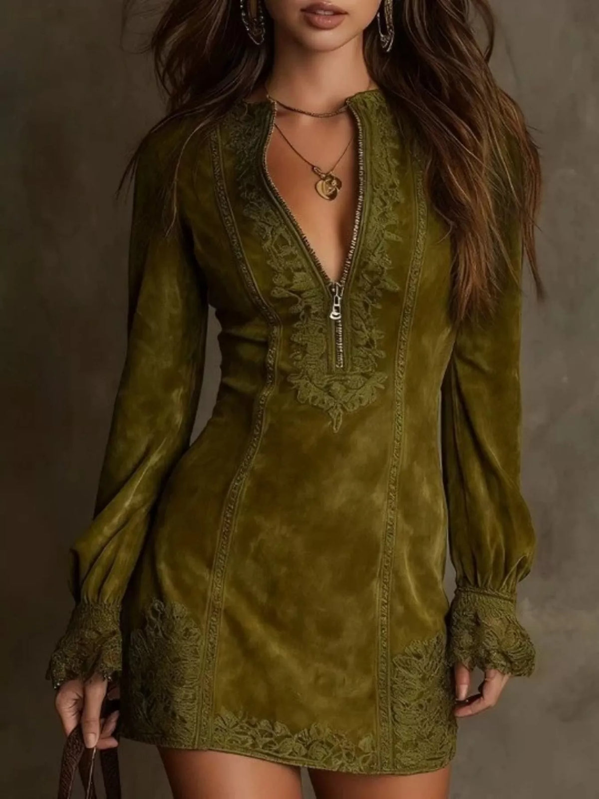 Full Size Zip-Front Long Sleeve Mini Dress Plus Size