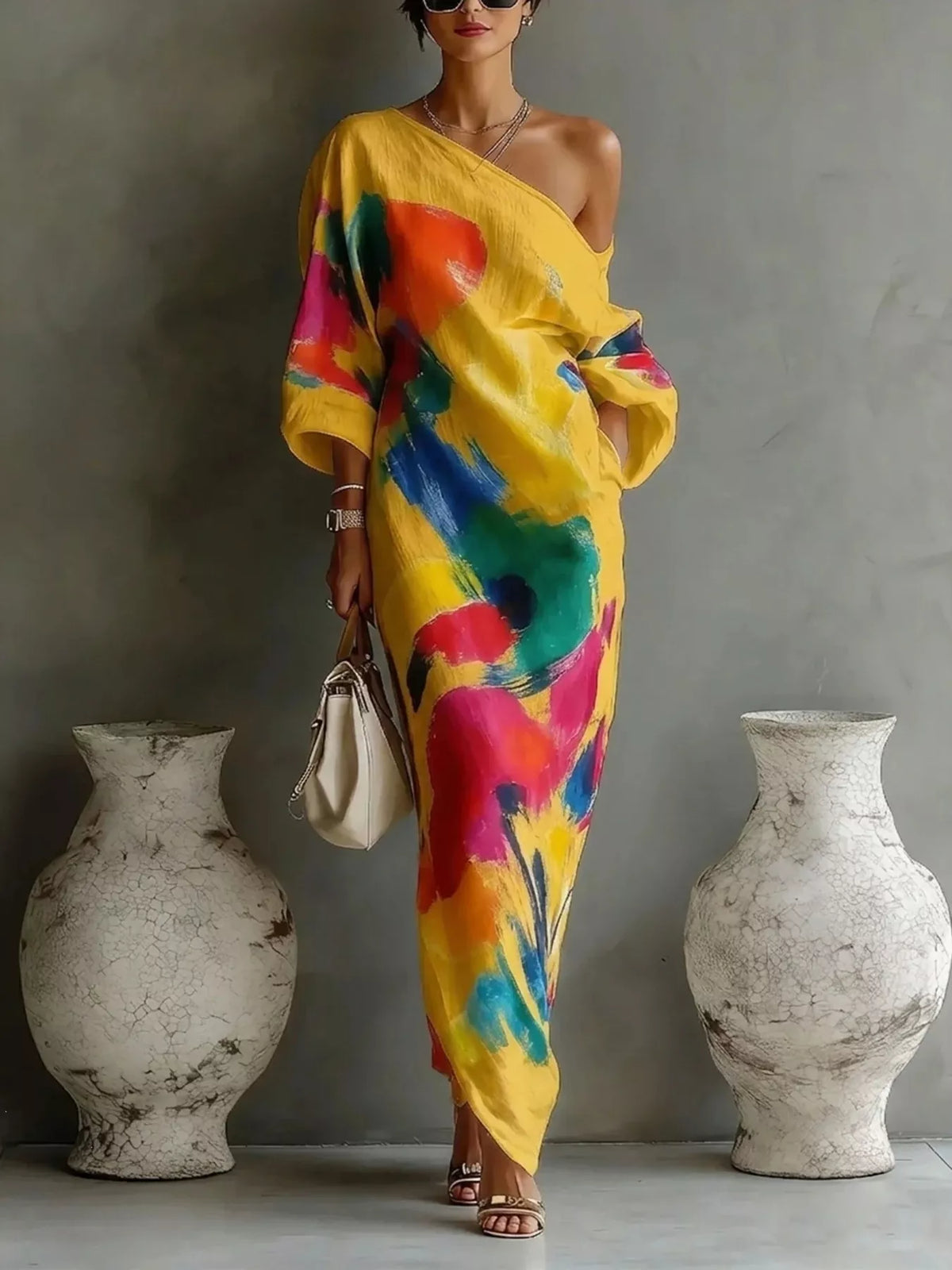 Full Size One-Shoulder Abstract Print Loose Fit Maxi Dress Plus Size