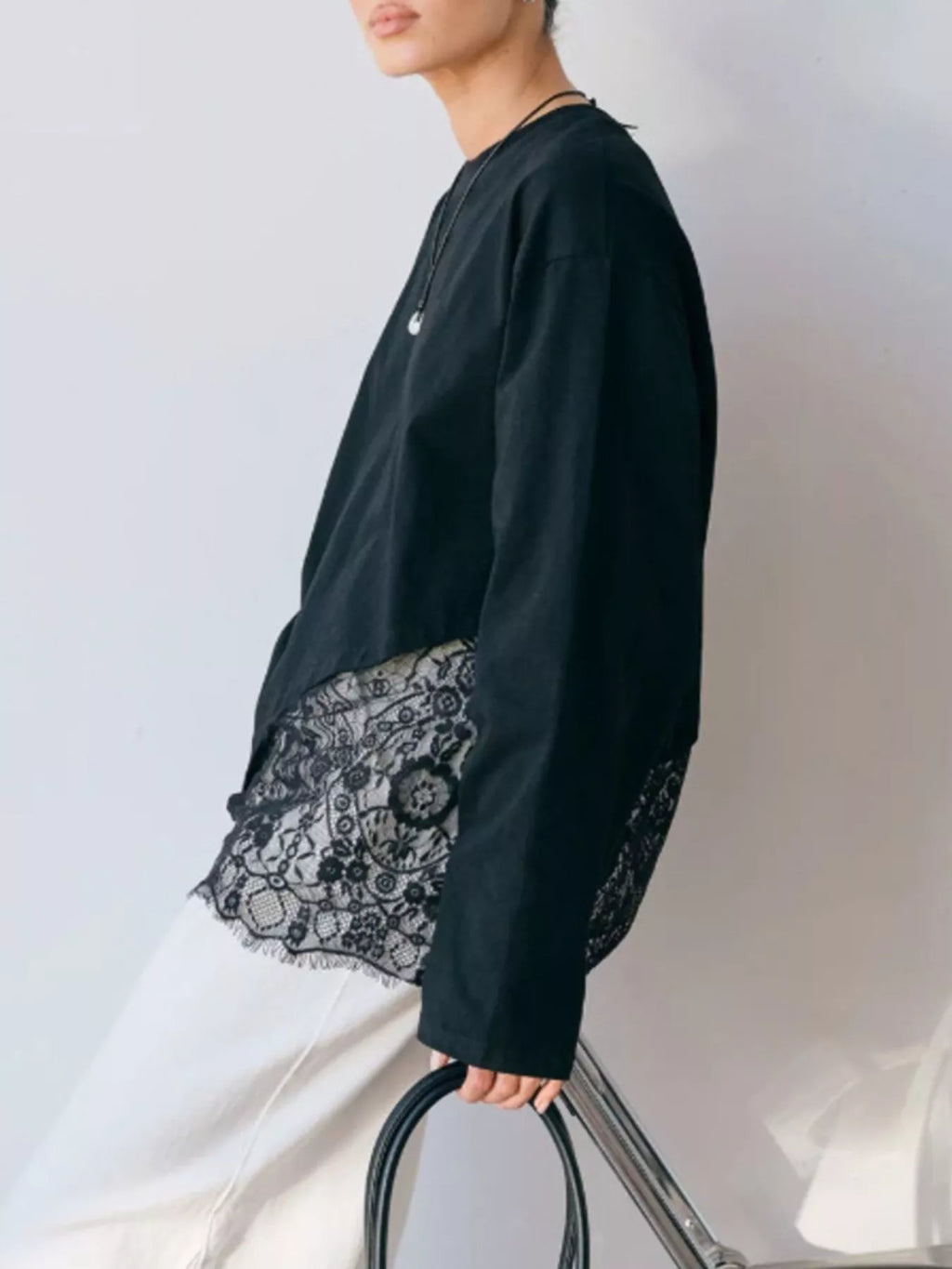 Long-Sleeve T-Shirt with Asymmetric Lace Hem