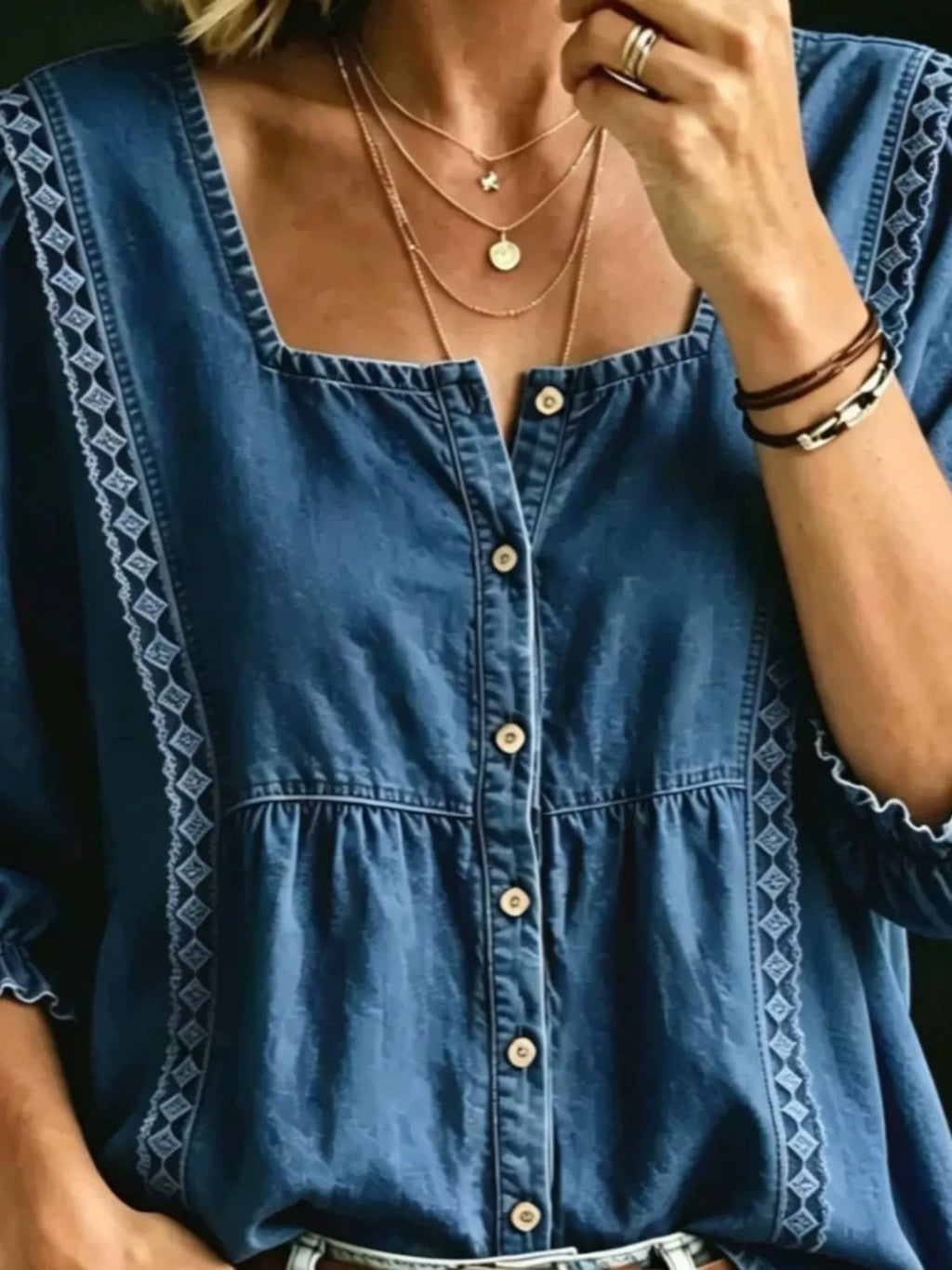 Full Size Square Neck Button-Down Denim Shirt Plus Size