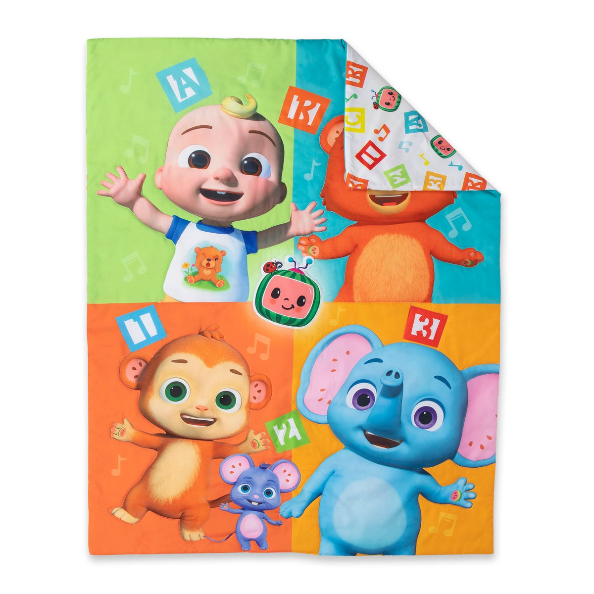 CoComelon Learning Is Fun 4 Piece Toddler Bed Set - Includes Comforter, Fitted Bottom Sheet, Flat Top Sheet, Reversible Pillowcase