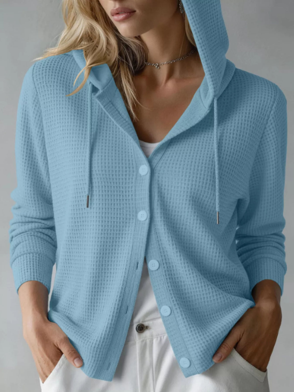 Waffle Knit Button-Down Hooded Cardigan
