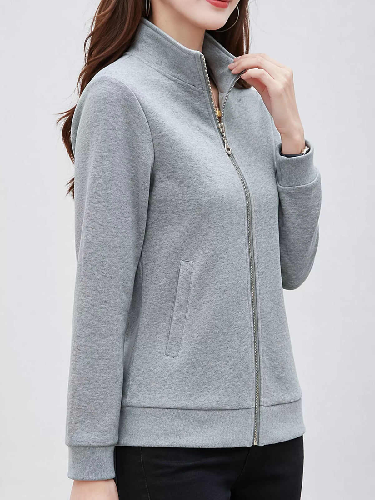 Full Size Stand-Collar Zip-Up Sweatshirt Plus Size