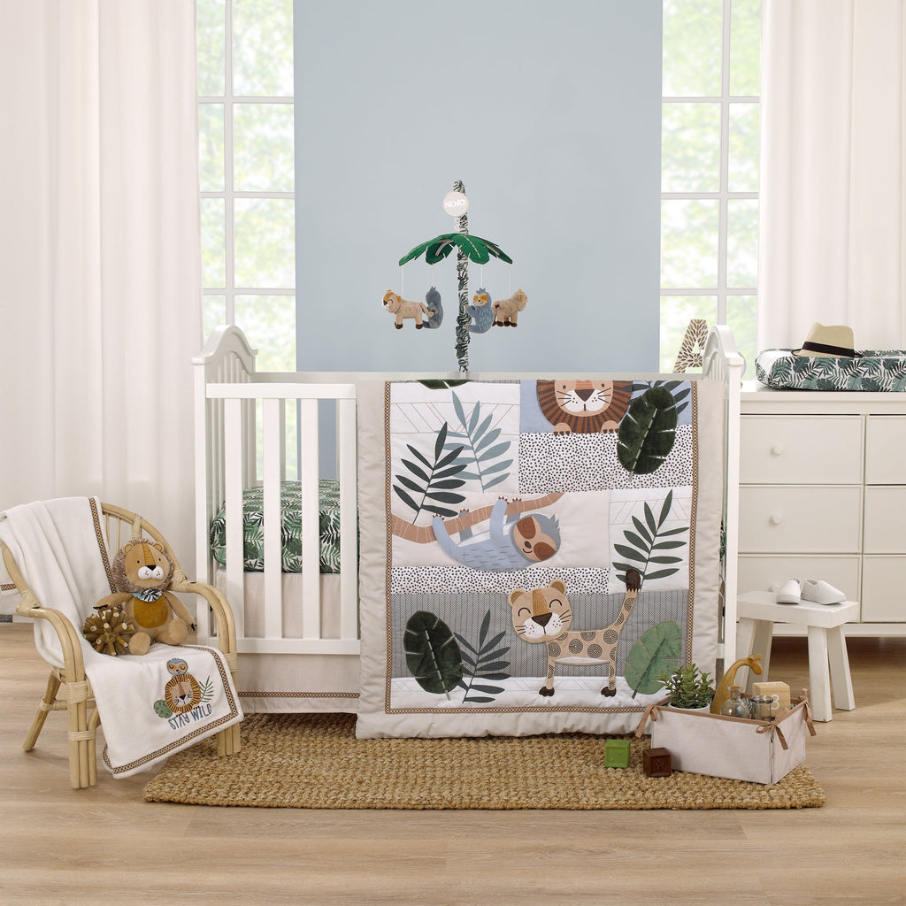 Jungle Paradise Green, Gray, and Tan Lion, Sloth, and Leopard Palm Leaf 4 Piece Nursery Crib Bedding Set - Comforter, 100% Cotton Fitted Sheet, Crib Skirt, and Storage Caddy