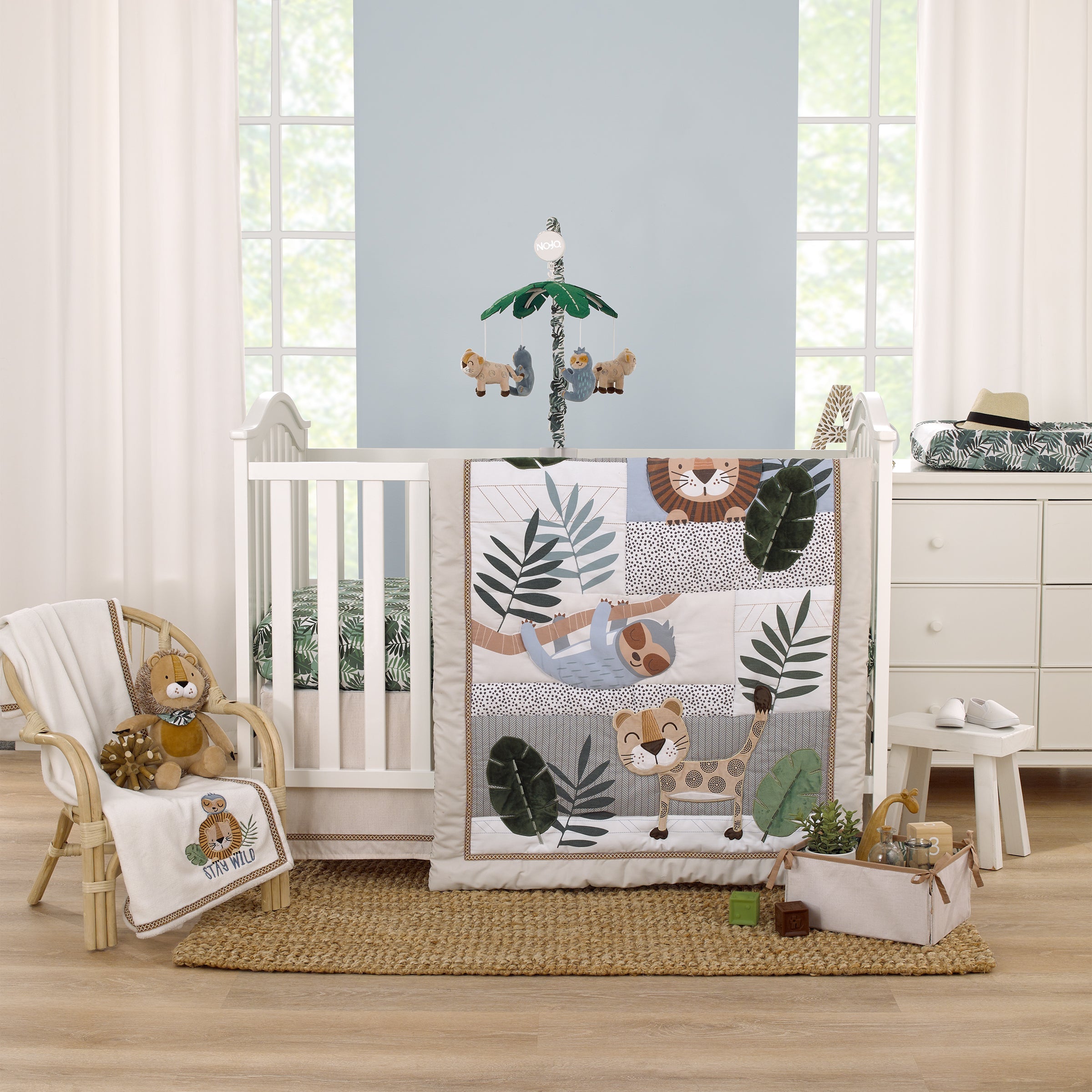 Jungle Paradise Green, Gray, and Tan Lion, Sloth, and Leopard Palm Leaf 4 Piece Nursery Crib Bedding Set - Comforter, 100% Cotton Fitted Sheet, Crib Skirt, and Storage Caddy