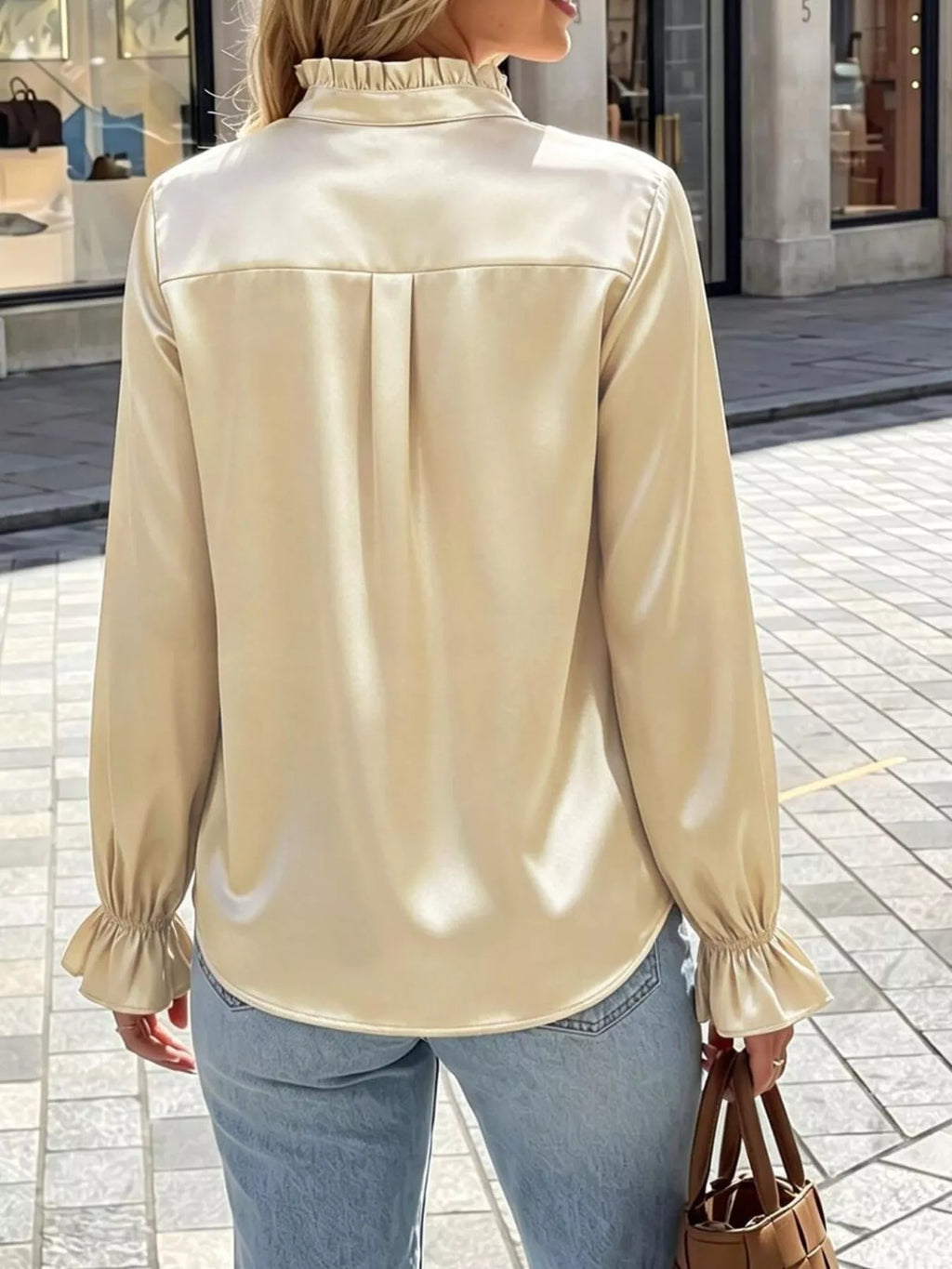 Elegant Button Down Ruffle Trim Satin Shirt