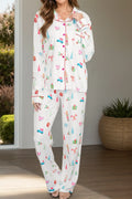 Christmas Print Collared Long Sleeve Top and Pants Pajama Set