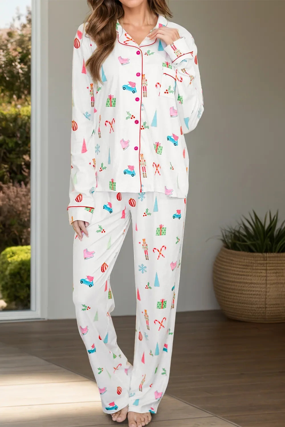 Christmas Print Collared Long Sleeve Top and Pants Pajama Set