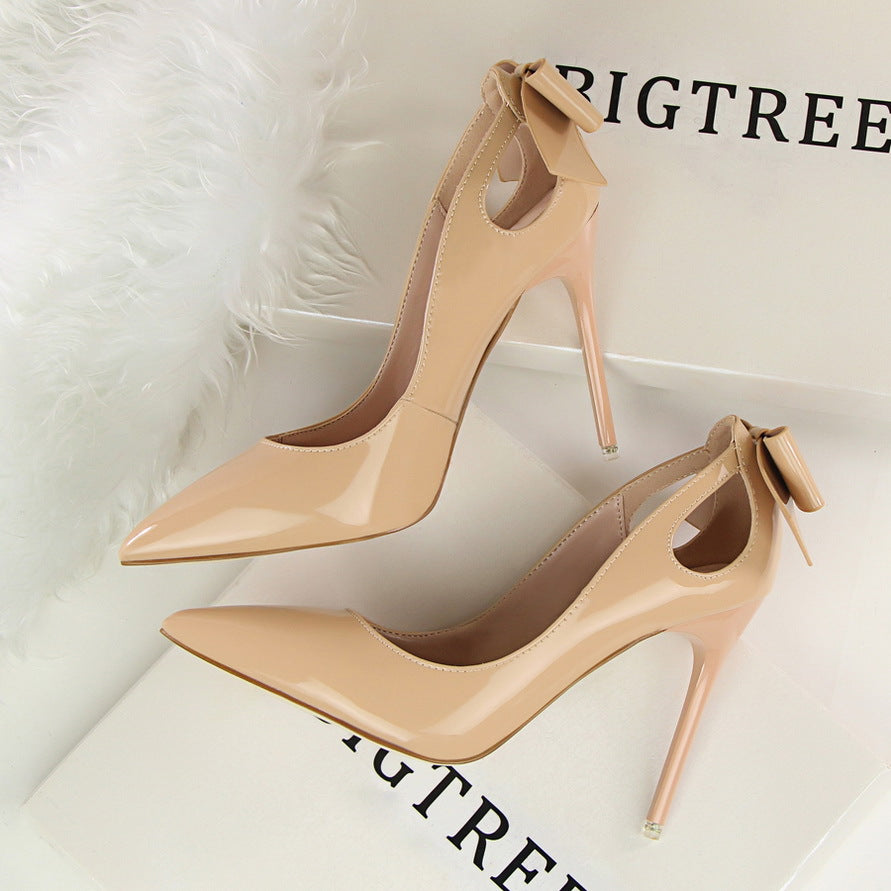 Women's Solid Color Cutout Back Bow High Heels See size chart under “more details”