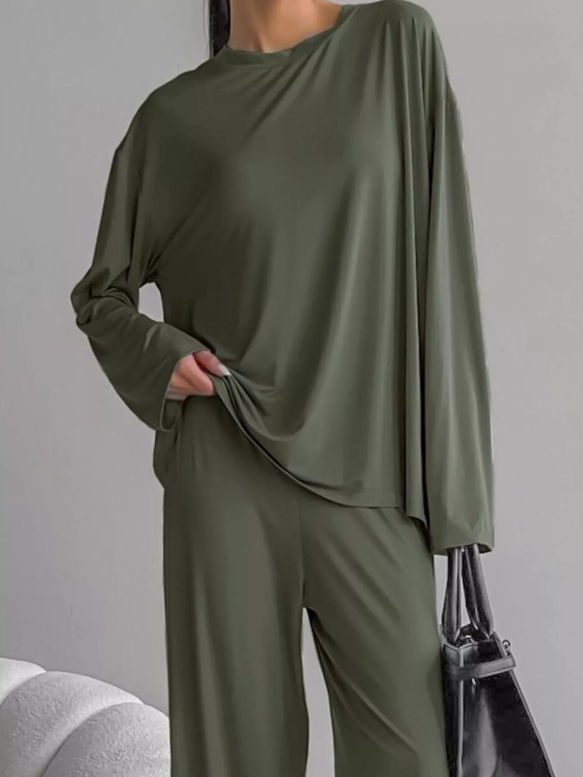 Solid Color Long Sleeve Top and Pants Set