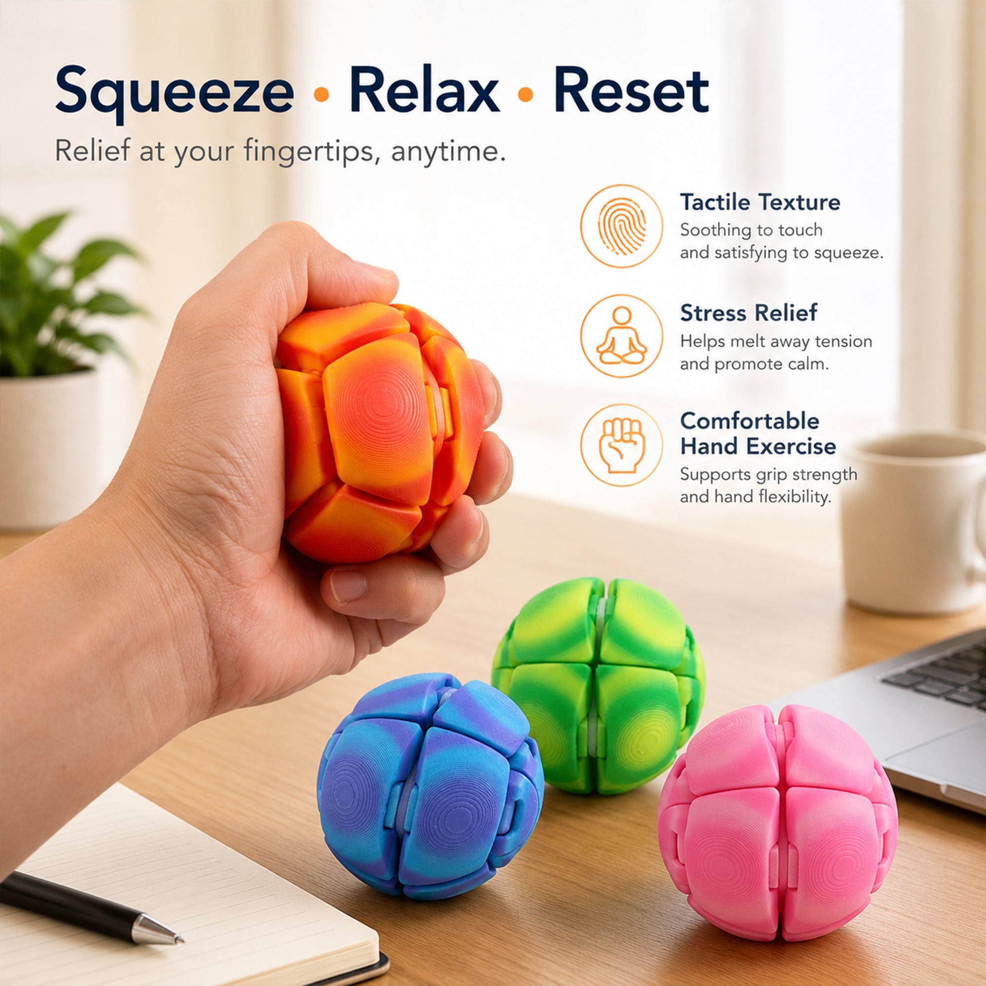 4 Pack Large Fidget Sphere Balls, 6cm 3D Printed Articulated Squeeze Balls, Colorful Tactile Handheld Fidget Set For Office Desk Travel