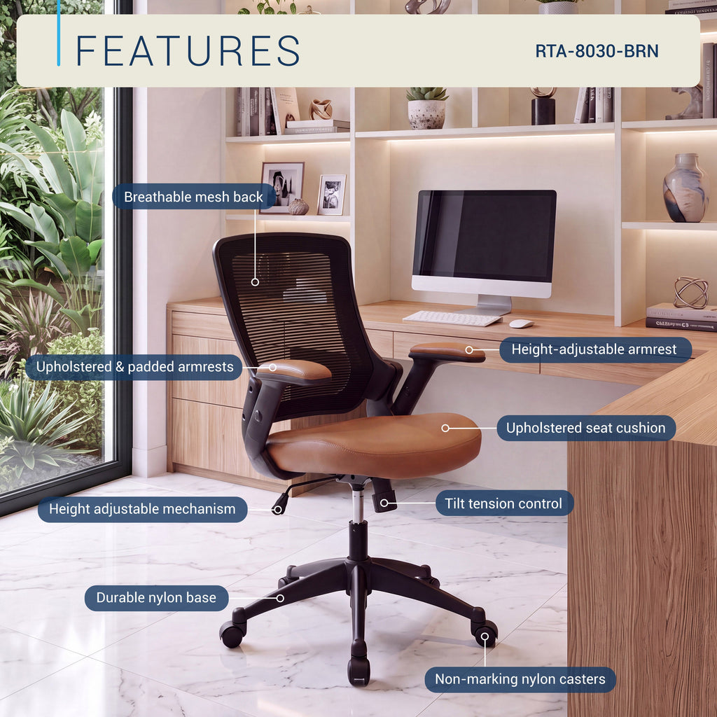 Techni Mobili Mid-Back Mesh Task Office Chair with Height Adjustable Arms