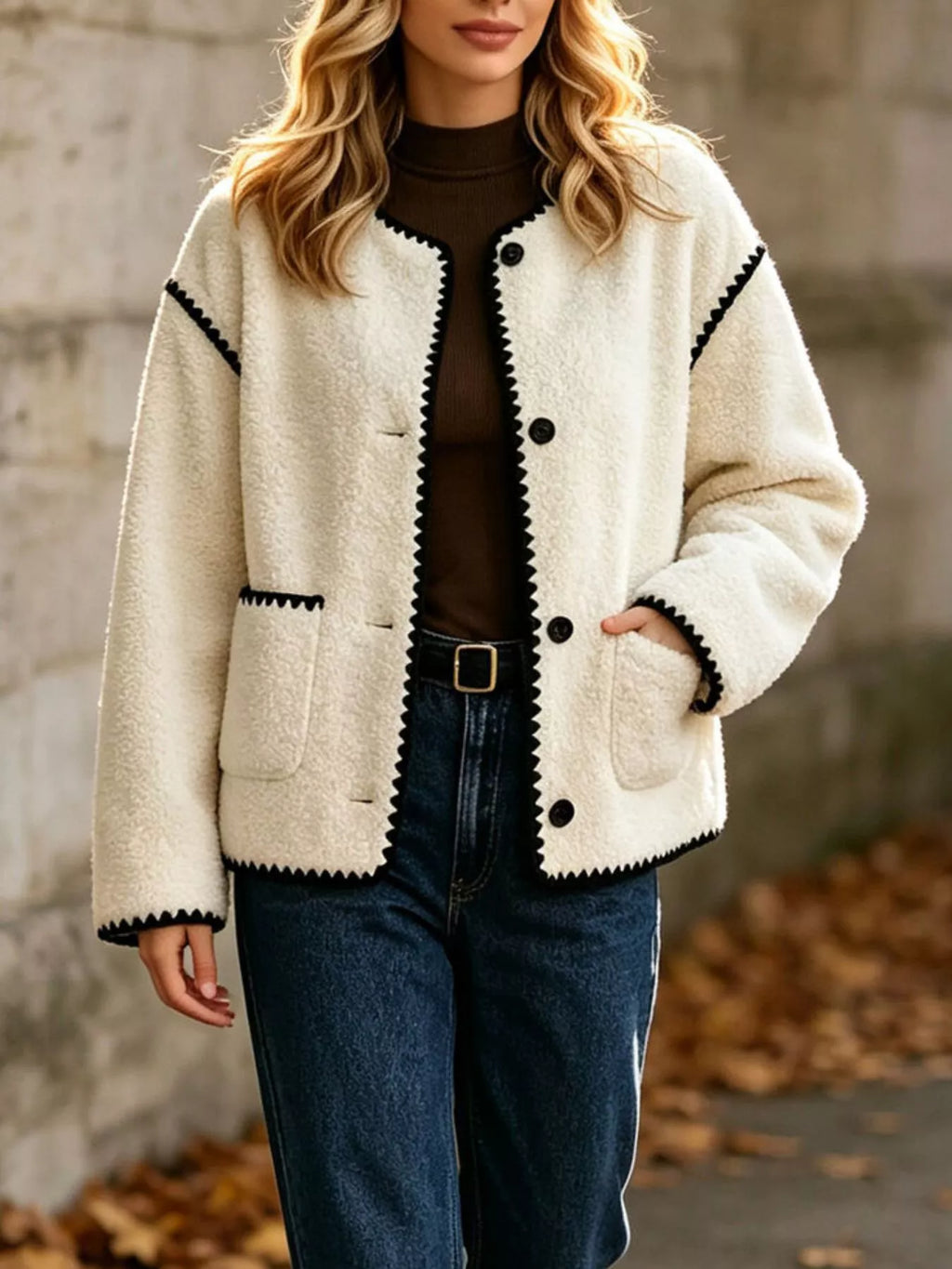Faux Shearling Contrast Trim Button-Down Outerwear