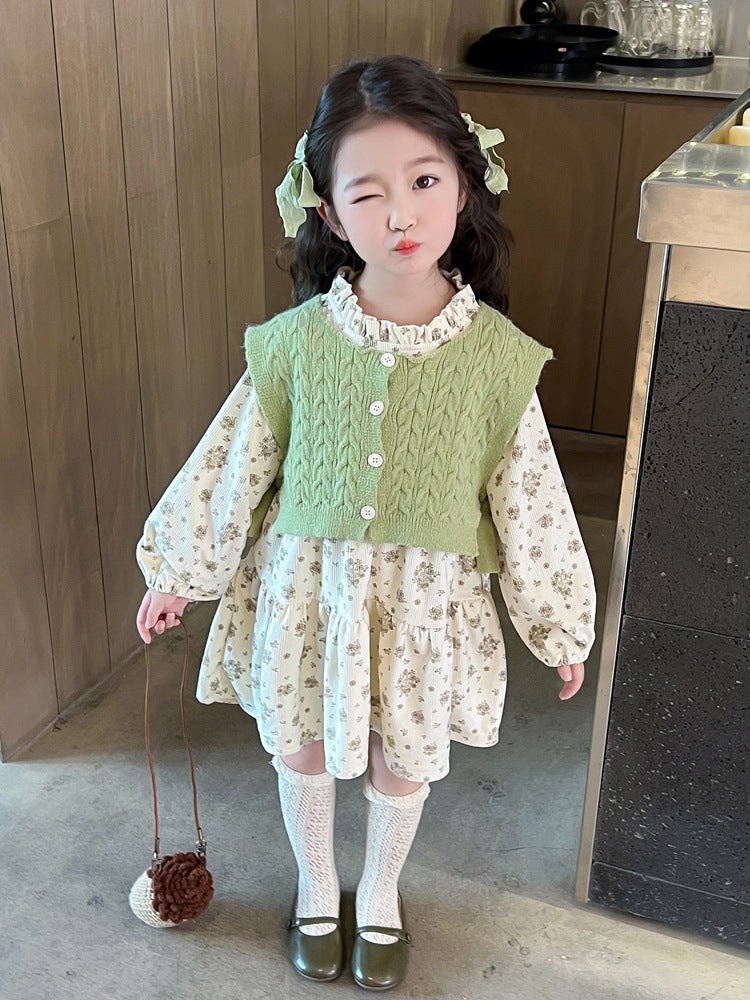 Girls Floral-print Dress And Vest Two-piece Set