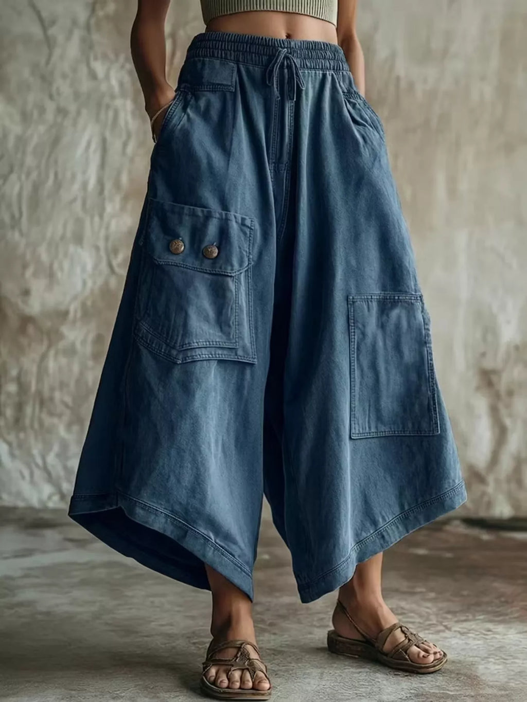 High-Waisted Cargo Wide-Leg Cropped Pants
