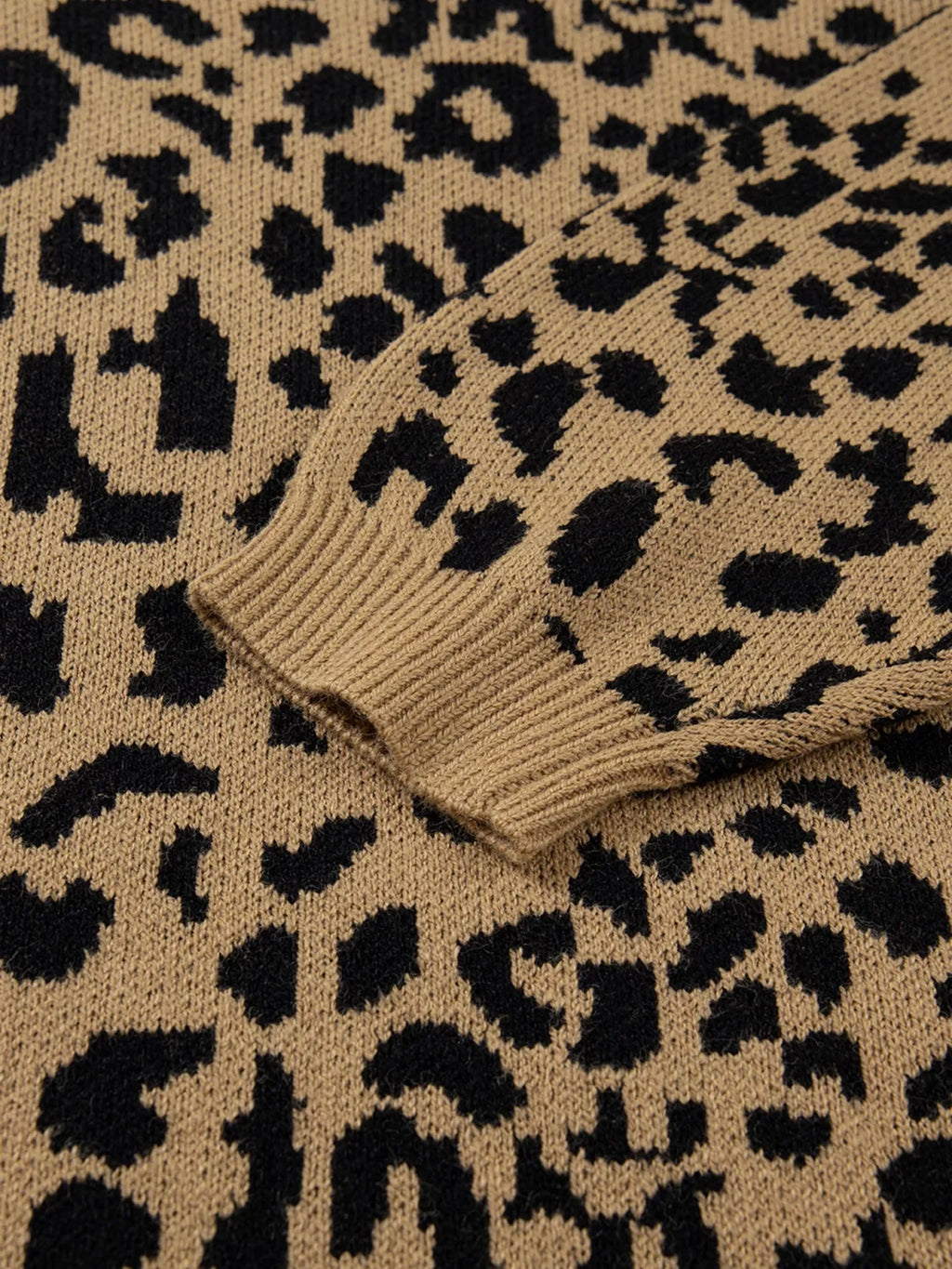 Ribbed Trim Round Neck Leopard Drop Shoulder Sweater