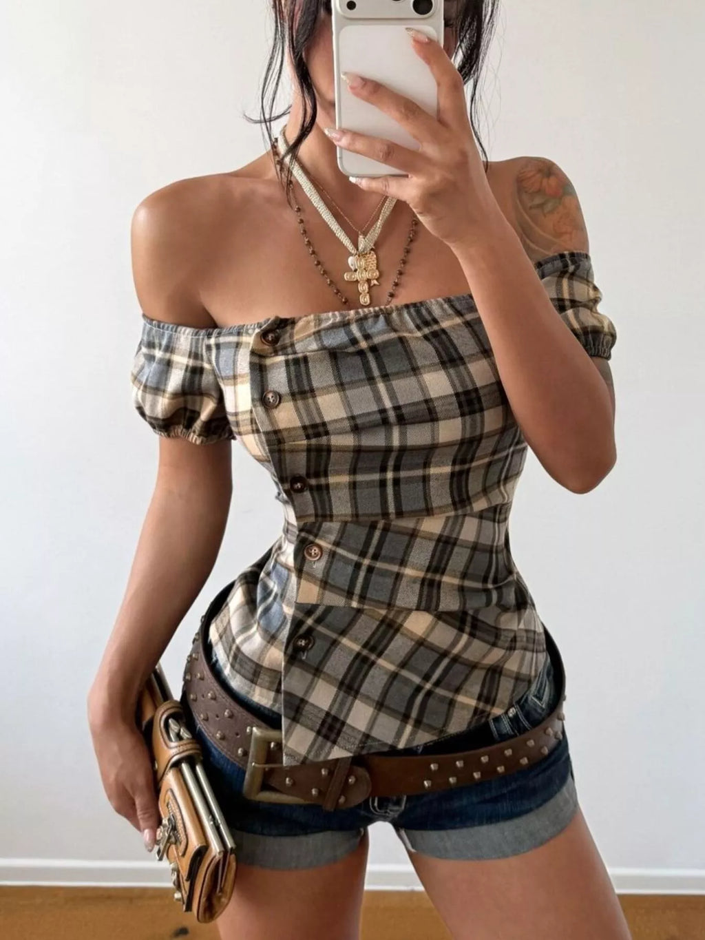 Off-Shoulder Plaid Blouse