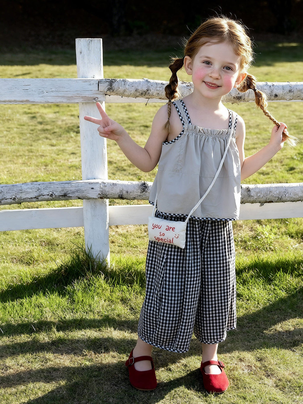 Girls Plaid Suspender Top And Bloomer Pants Two-Piece Set