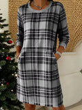 Full Size Plaid Long Sleeve Crew Neck Dress with Pockets Plus Size