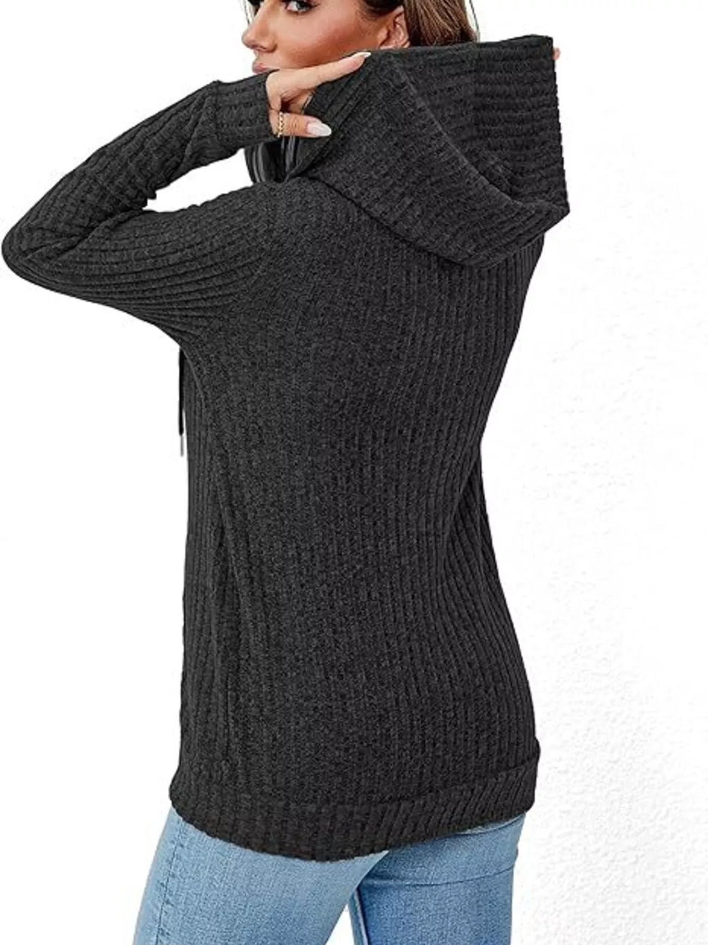 Ribbed Knit Zip-Up Hooded Cardigan