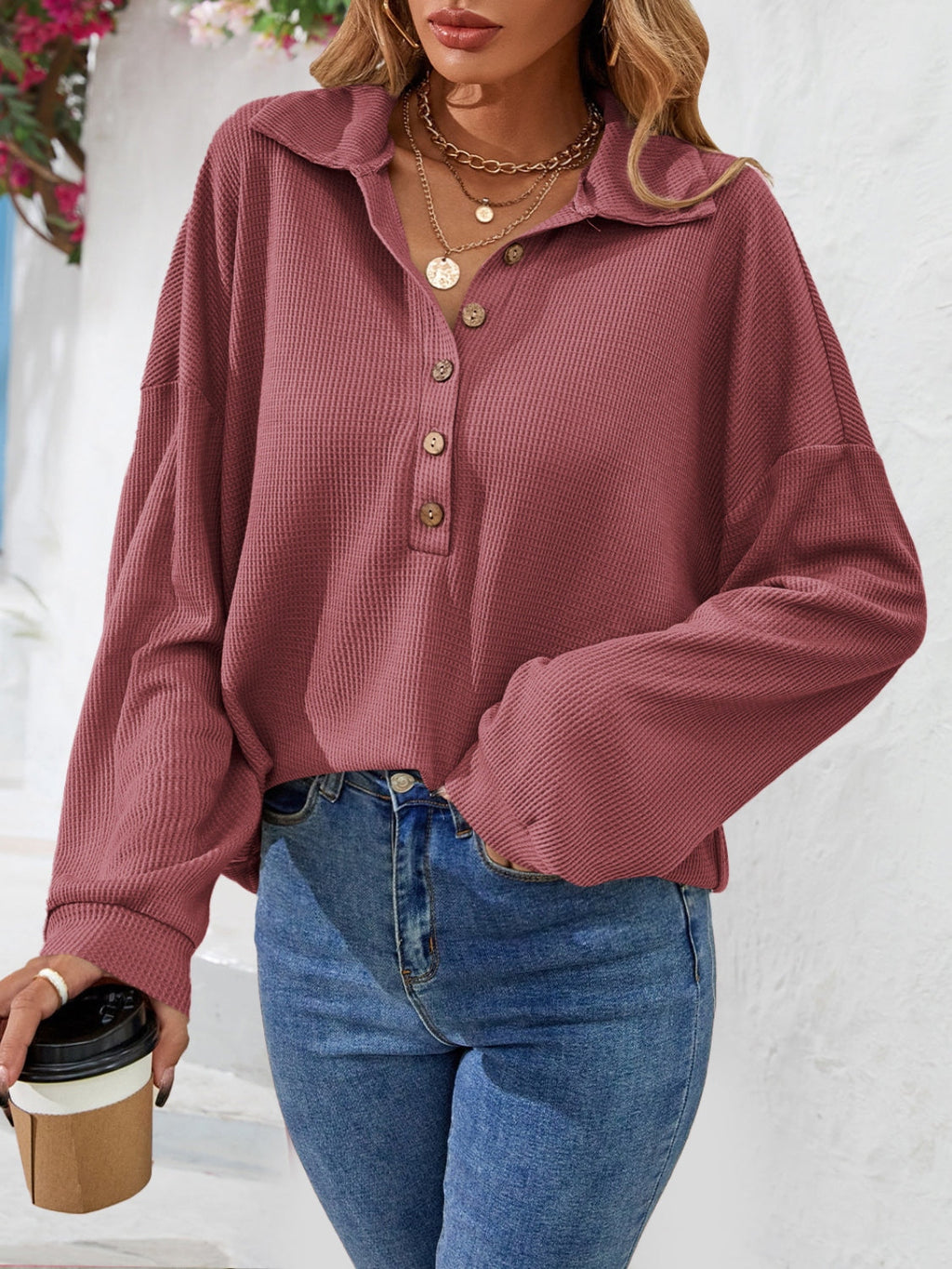 Half-Button Collared Long Sleeve Top