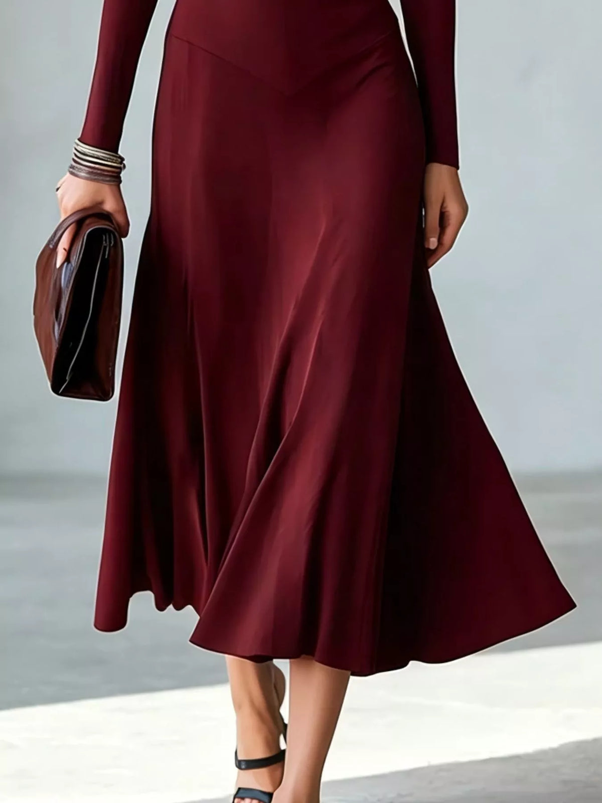 Full Size Mock Neck Cut-Out Long Sleeve Midi Dress Plus Size
