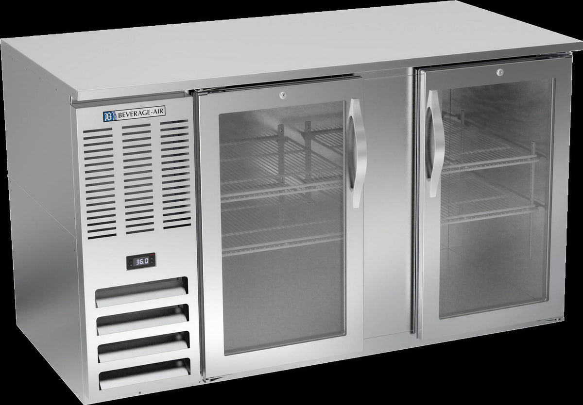 Beverage Air BB58HC-G-S 58-Inch Two-Door Glass Back Bar Refrigerator, Stainless Steel, Self-Contained Left-Mounted Refrigeration