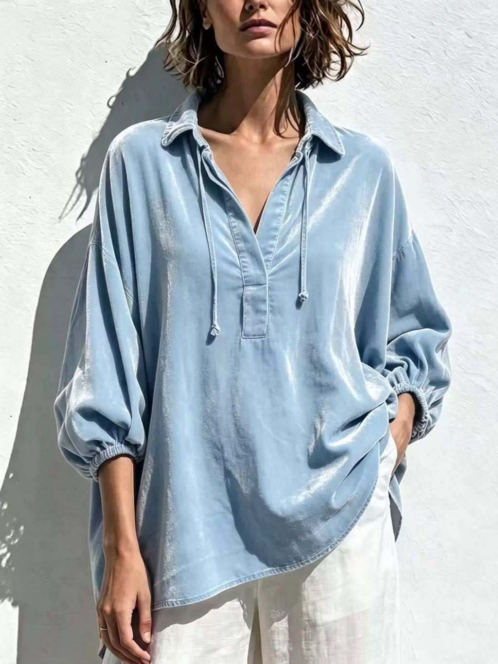 Full Size Oversized Velvet Collared Neck Drawstring Blouse Plus Size