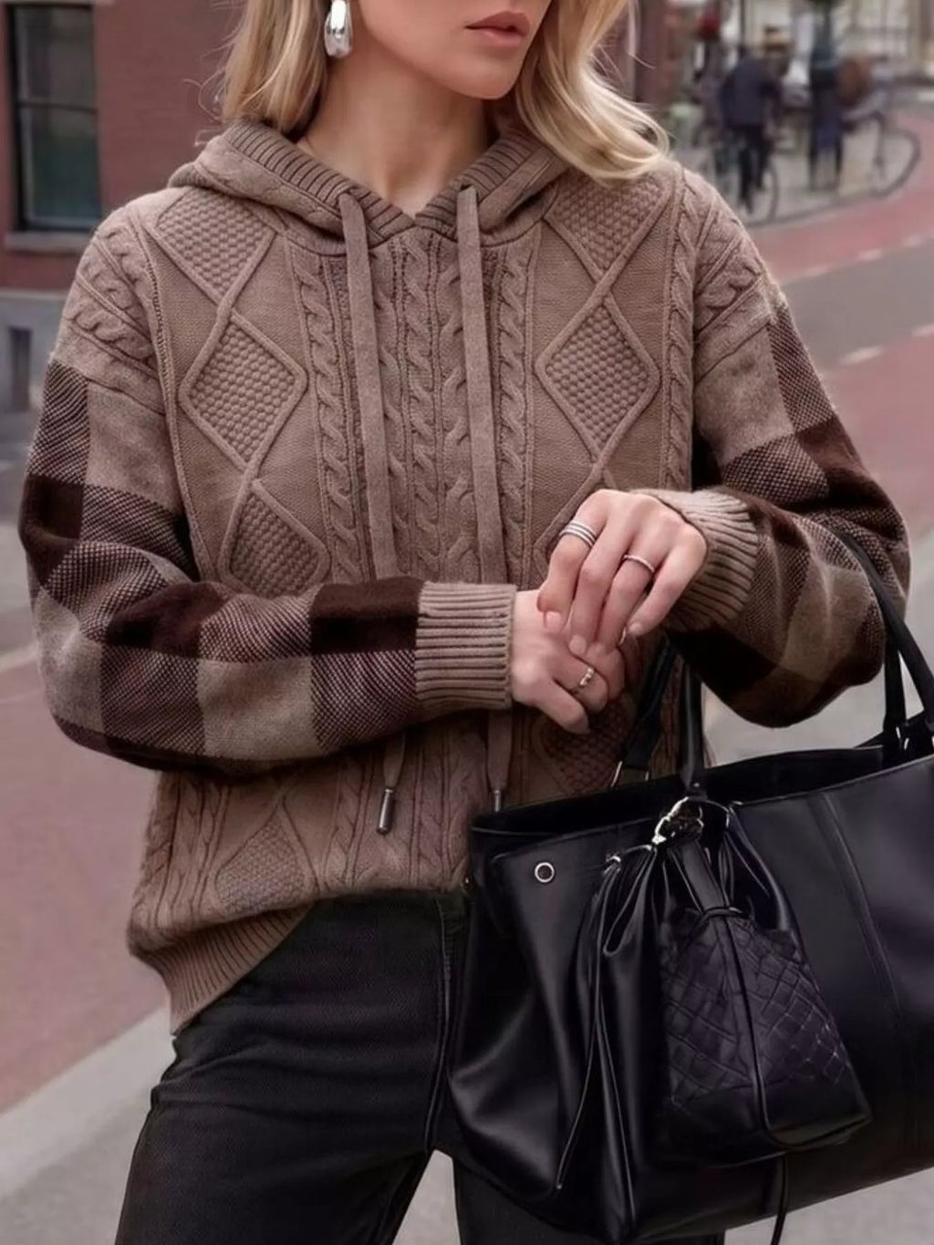 Cable-Knit Plaid Sleeves Hooded Sweater