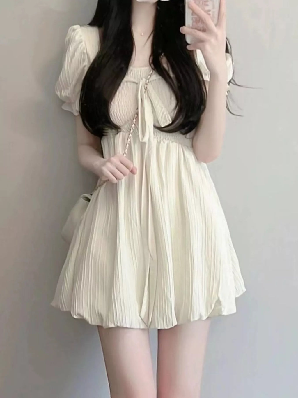 Puff-Sleeve Smocked Mini Dress with Tie-Front Detail