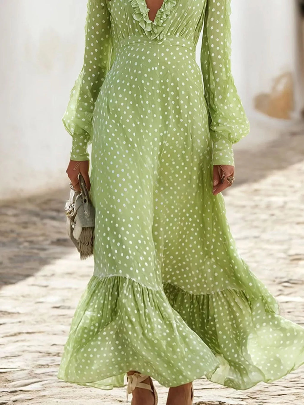 Full Size Polka Dot Ruffle V-Neck Maxi Dress Plus Size