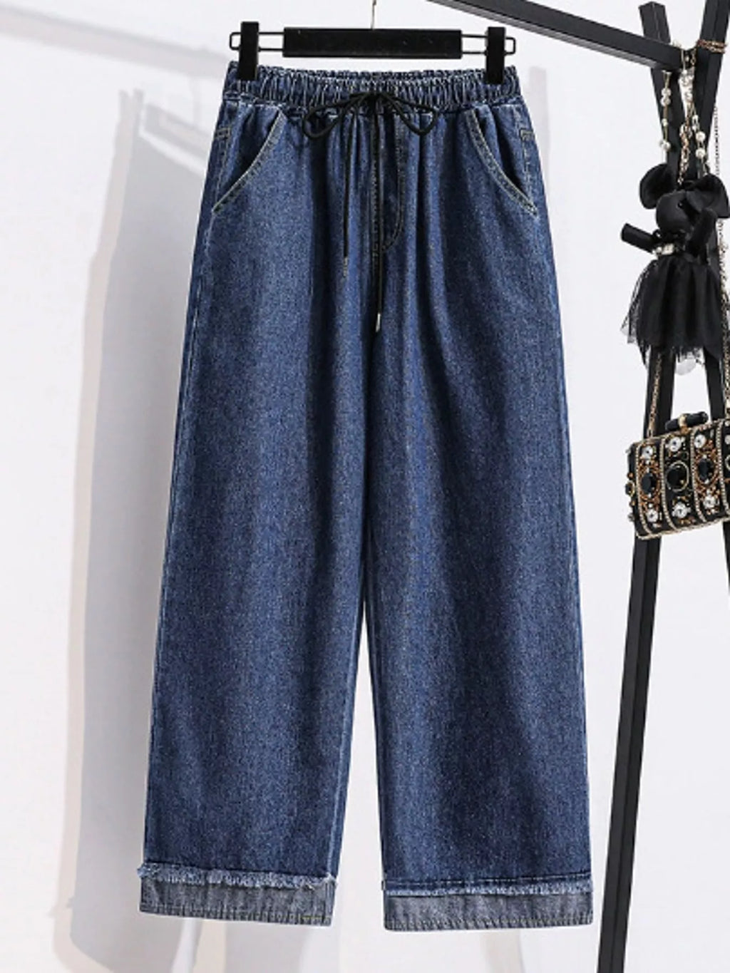 Full Size High-Waisted Elastic Drawstring Wide-Leg Jeans with Frayed Hem Plus Size