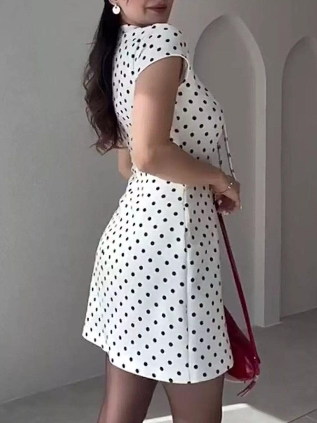 Full Size Polka Dot Tie-Neck Bodycon Mini Dress Plus Size
