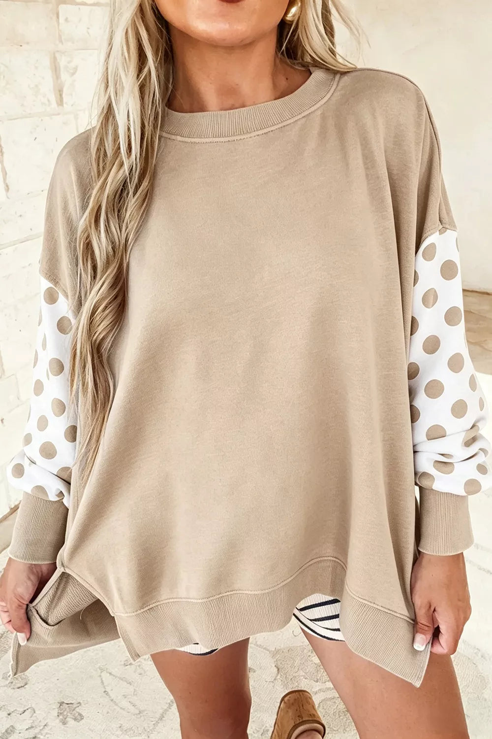 Crew Neck Polka Dot Sleeves Sweatshirt
