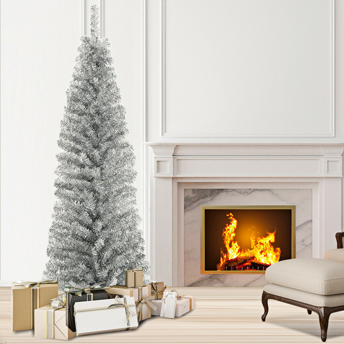 6 Feet Tinsel Tree Unlit Slim Pencil Christmas Tree