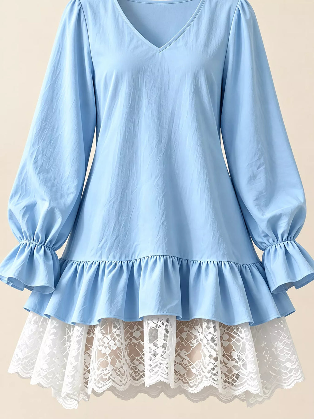 Lace Hem V-Neck Flounce Sleeve Dress