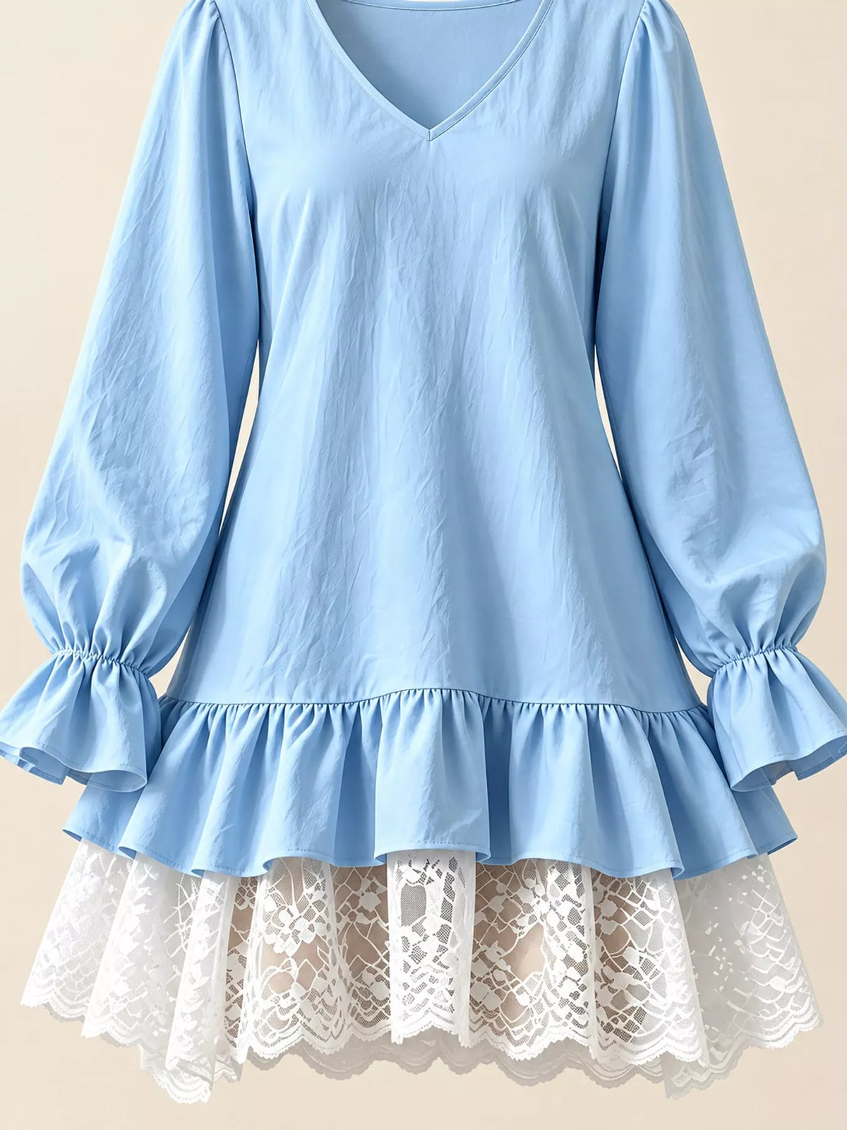 Lace Hem V-Neck Flounce Sleeve Dress