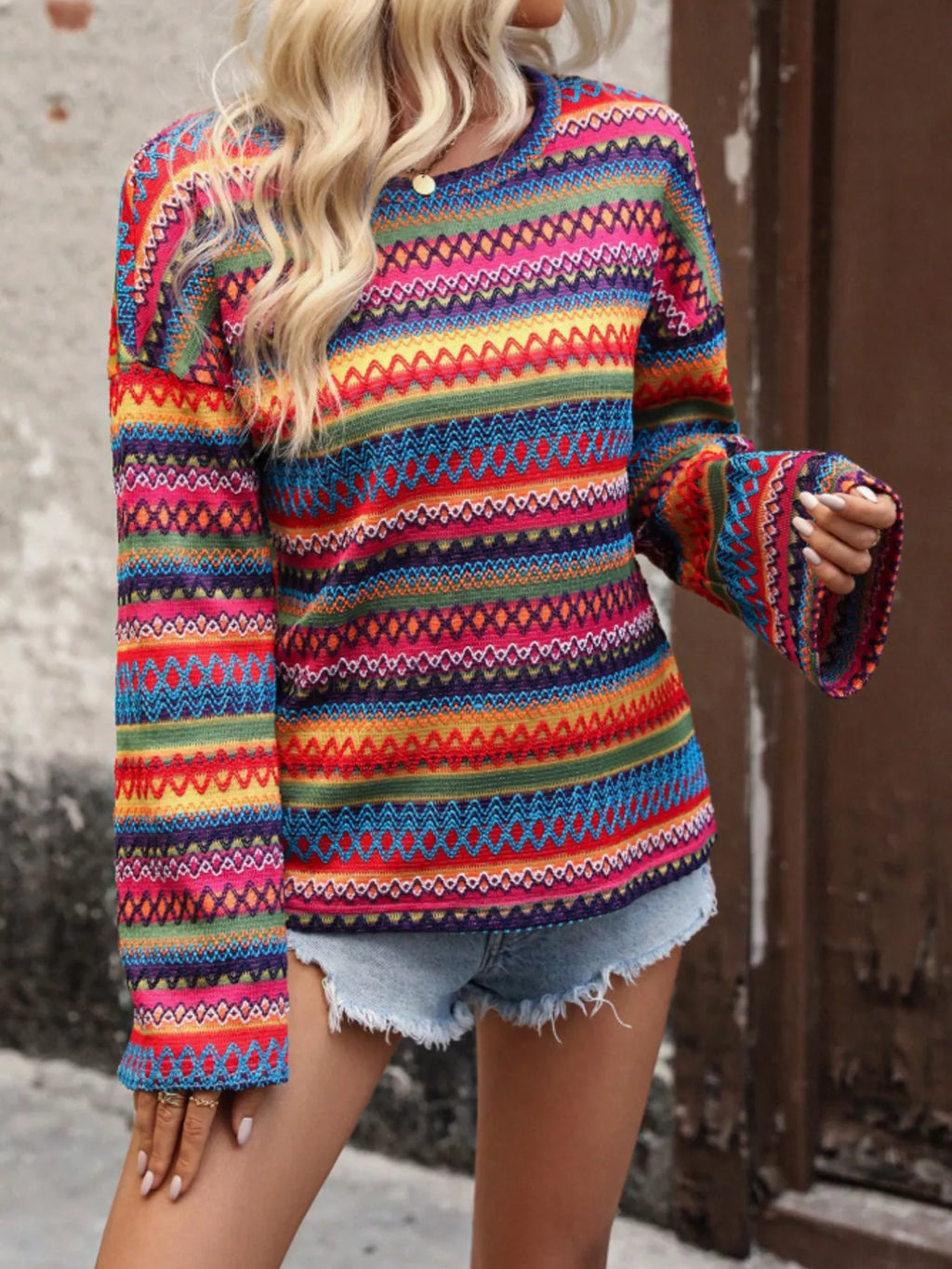 Vibrant Multi-Color Geometric Pattern Knit Top
