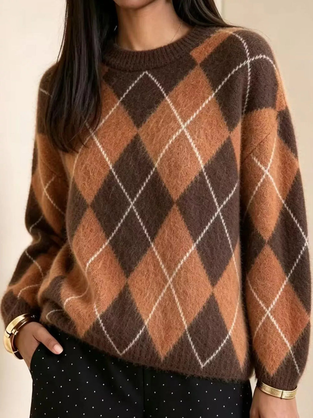 Argyle Pattern Fuzzy Knit Sweater
