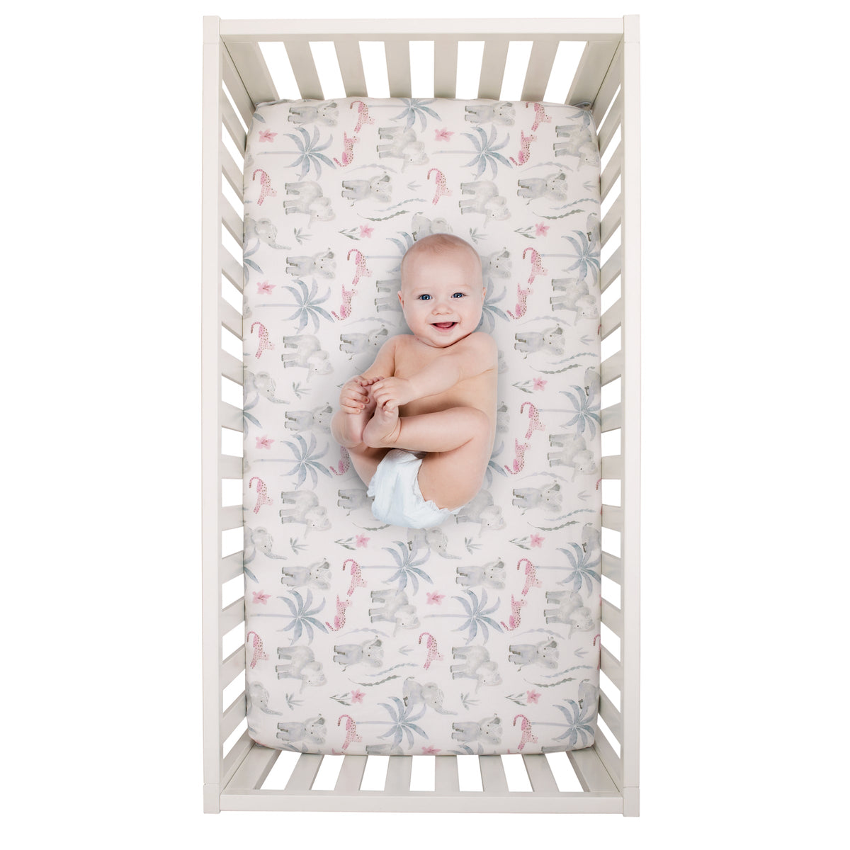 Tropical Princess Elephant/Jungle Pink and Green 100% Cotton Fitted Crib Sheet