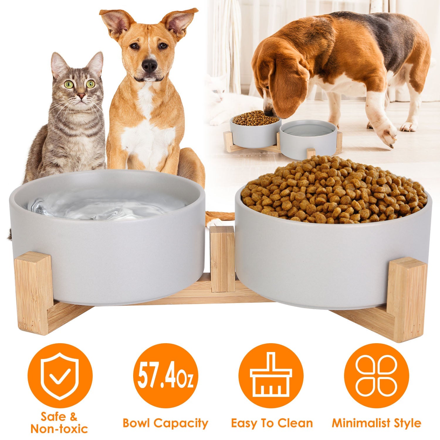 Ceramic Pet Bowls on Wooden Raised Stand