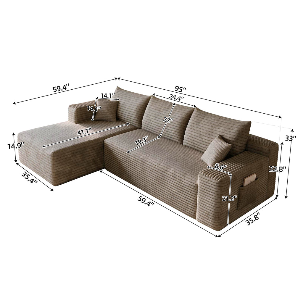 Cloud Sectional Sofa with No Assembly Required - Camel Plush Corduroy, 96"