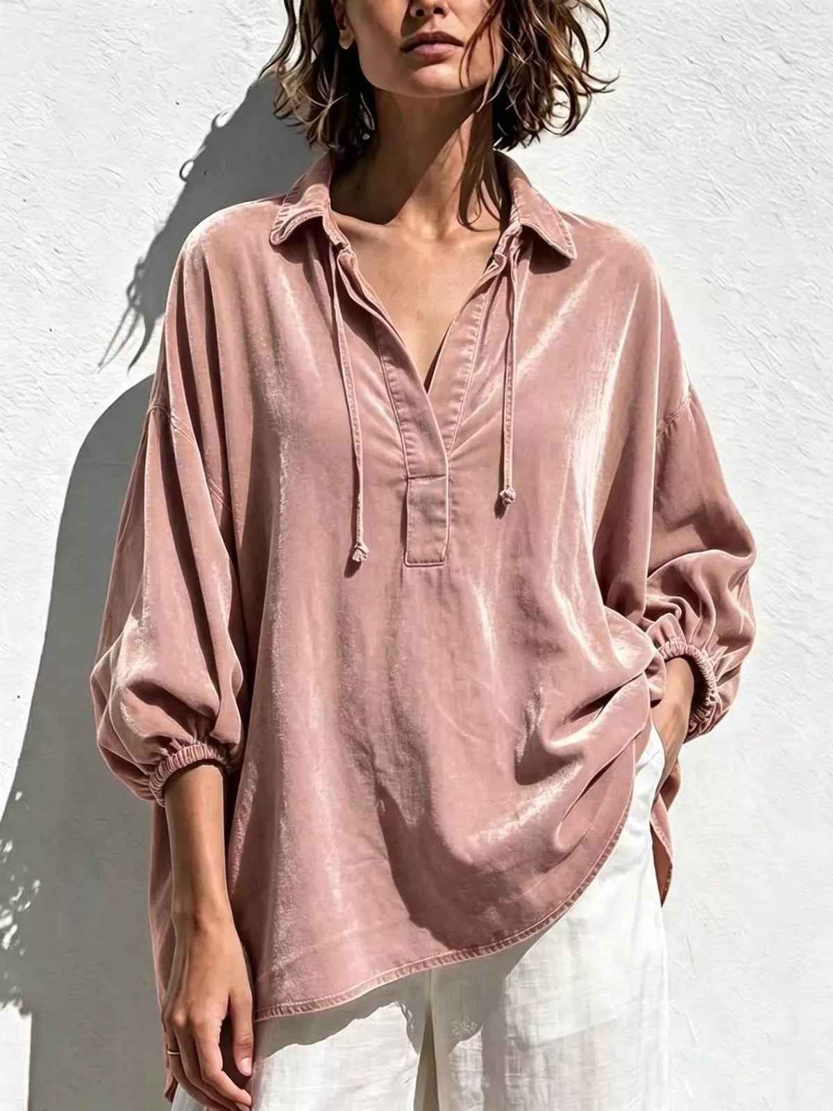 Full Size Oversized Velvet Collared Neck Drawstring Blouse Plus Size