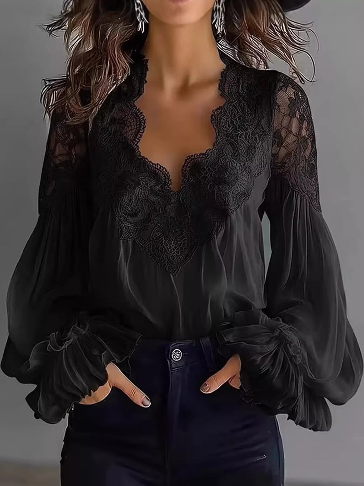 Full Size Lace V-Neck Flounce Sleeve Blouse Plus Size