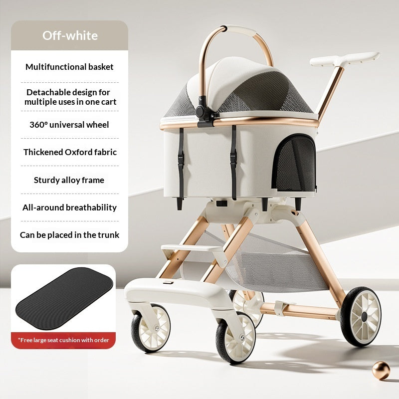 Luxury Cat Stroller With Detachable Pet Carrier, Foldable, Sturdy Alloy Frame