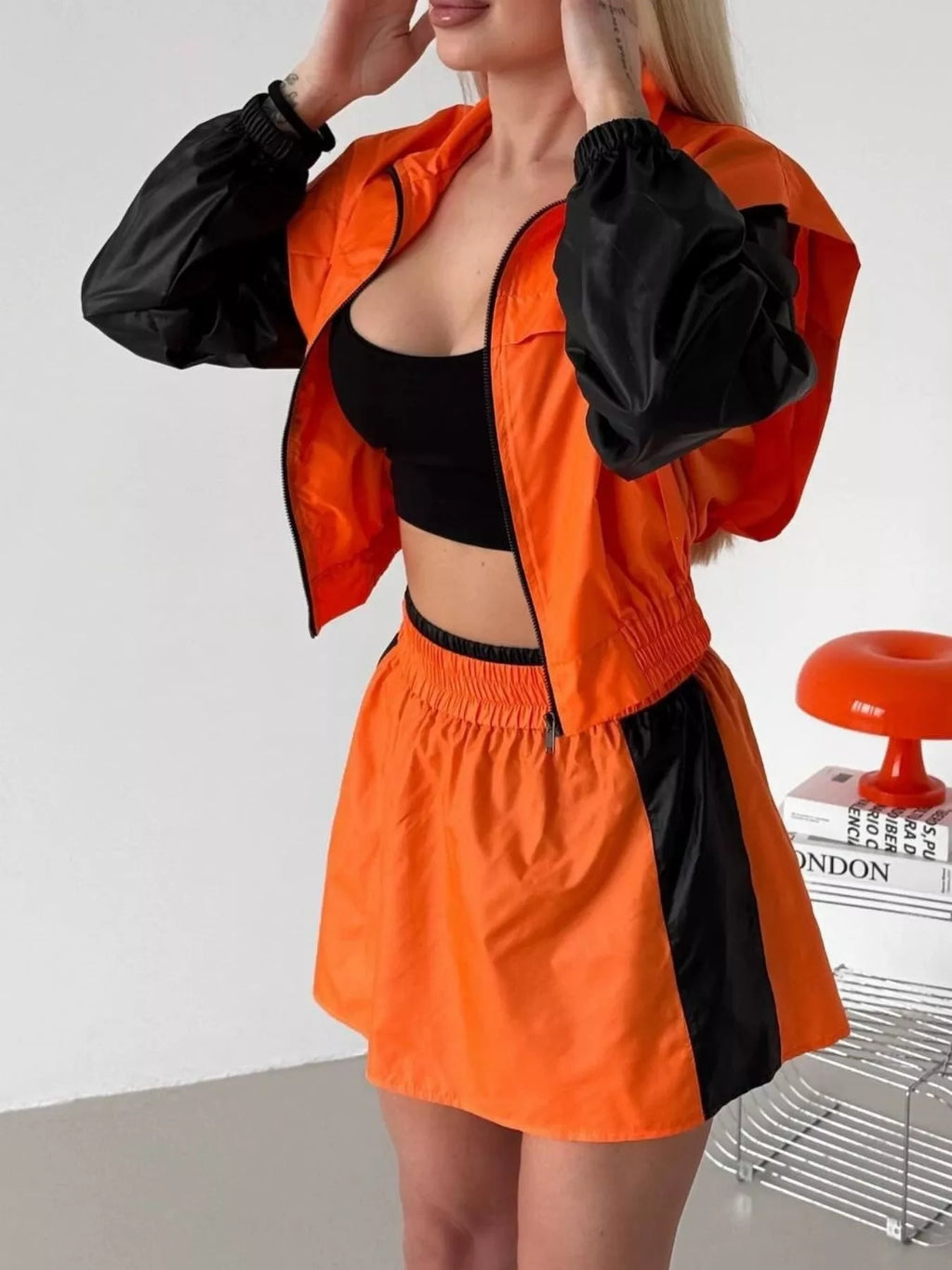 Color-Block Cropped Jacket and Skort Set
